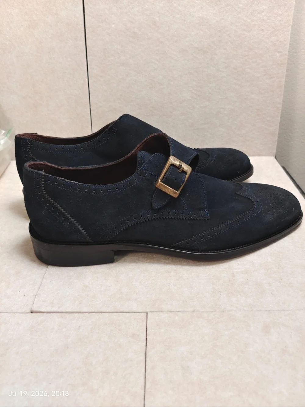 NWOB VELLAPAIS Dupone Brogue Monk Strap Shoe navy blue suede wingtip Mens Sz 9